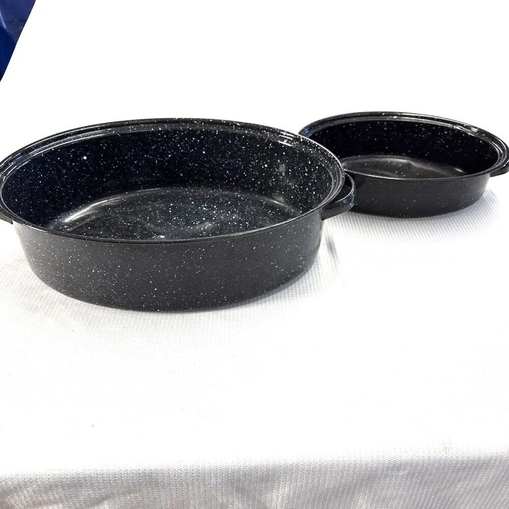 Set of 2 Vintage Speckled Enamelware Oval Roaster Pan W/ Lid (≈ 16x12